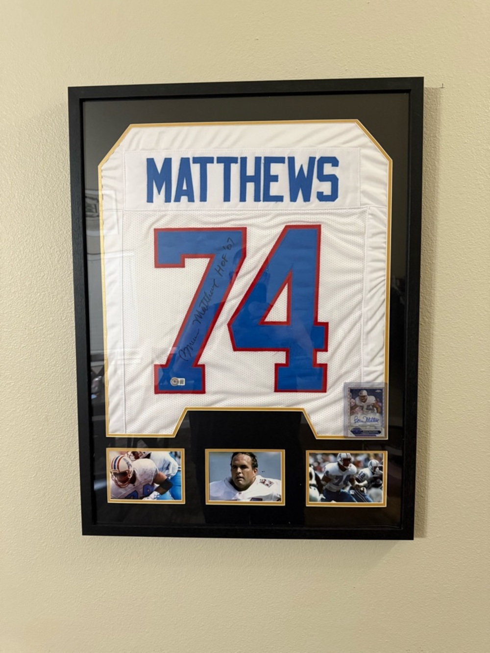 Signed Houston Oilers Bruce Matthews #74 Framed Football Jersey - White/Blue/Red